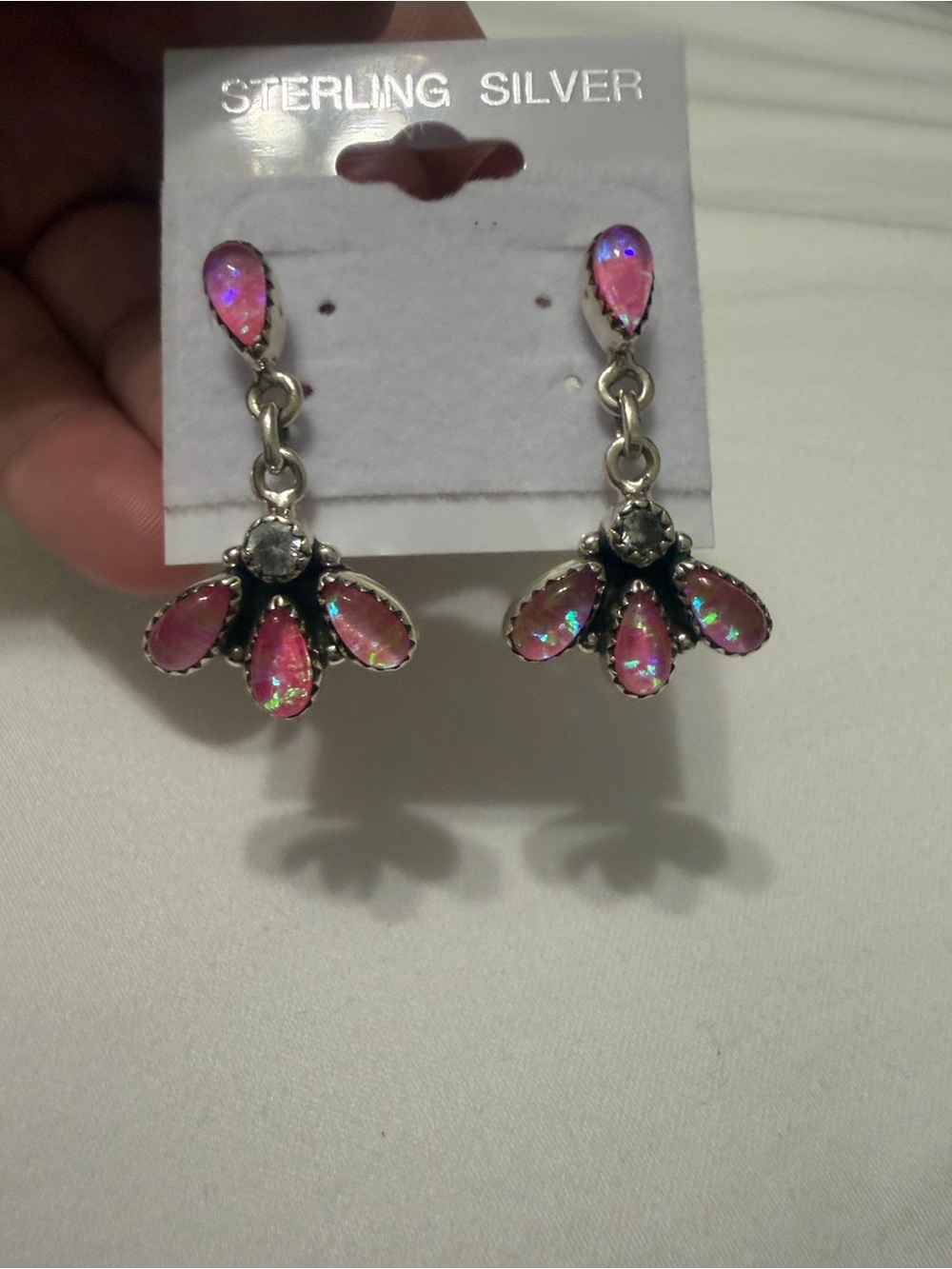Sterling Silver Pink Opal Drop Earrings by